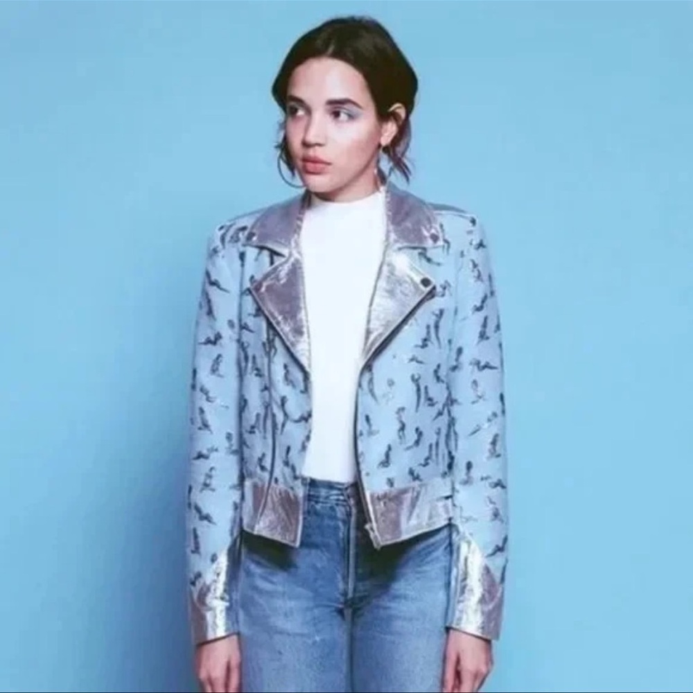 The Mighty Company Toulouse Lounging Ladies Moto Wool Leather Jacket In Blue S